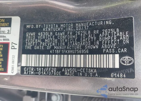 2017 Toyota Camry Se z USA, uszkodzony, nr VIN 4T1BF1FK8HU756956